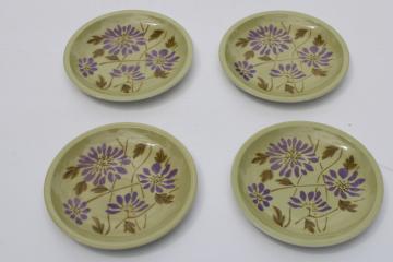catalog photo of vintage Mikasa salad or dessert plates Twiggy mod flowers pattern purple & olive green 