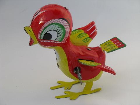 photo of vintage Mikuni - Japan red baby bird tin litho print wind-up toy #1