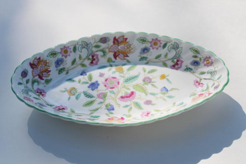 photo of vintage Minton Haddon Hall china celery tray or pickle dish, green trim floral #1