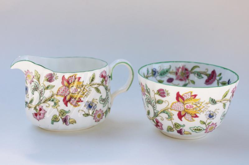 photo of vintage Minton Haddon Hall china cream & sugar set, green trim floral #1