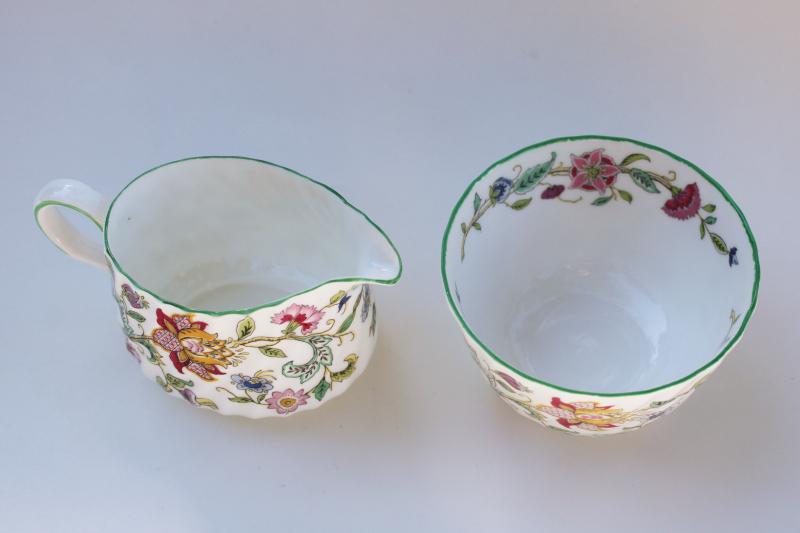 photo of vintage Minton Haddon Hall china cream & sugar set, green trim floral #2