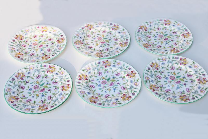 photo of vintage Minton Haddon Hall china dinner plates set of six, green trim chintz floral #1