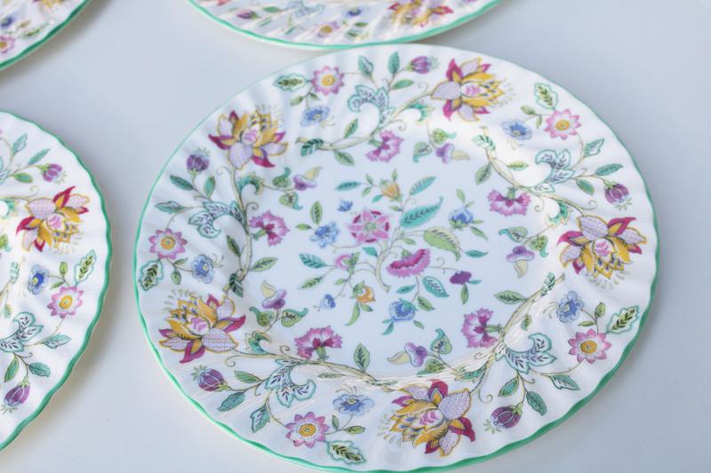 photo of vintage Minton Haddon Hall china dinner plates set of six, green trim chintz floral #2