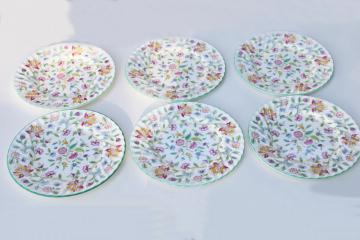 catalog photo of vintage Minton Haddon Hall china dinner plates set of six, green trim chintz floral