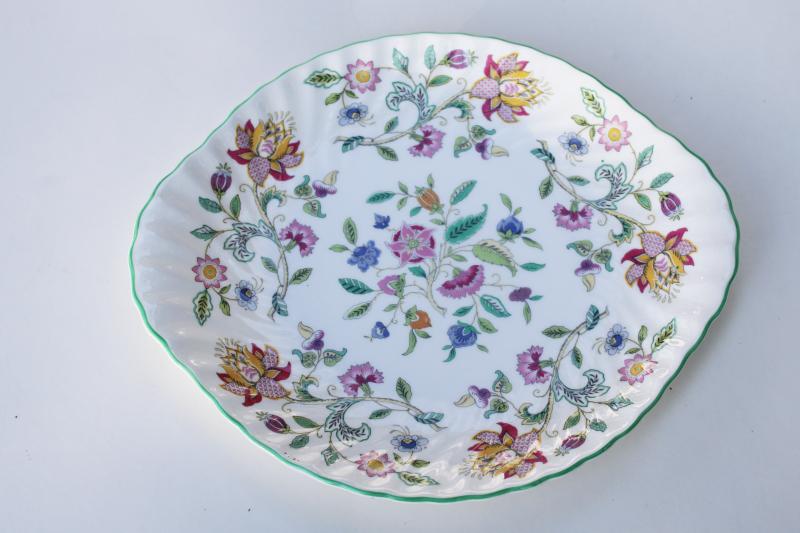 photo of vintage Minton Haddon Hall china green trim chintz floral cake plate or sandwich tray #1