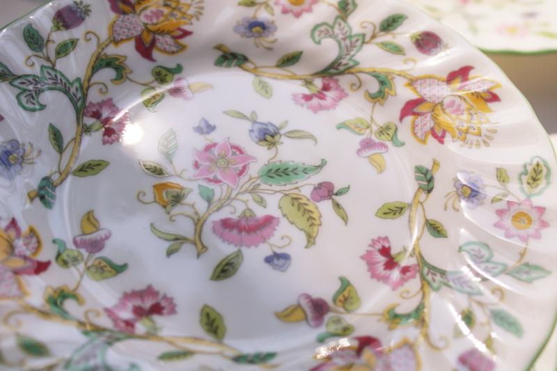 photo of vintage Minton Haddon Hall china, green trim floral bread & butter plates set of 6 #3