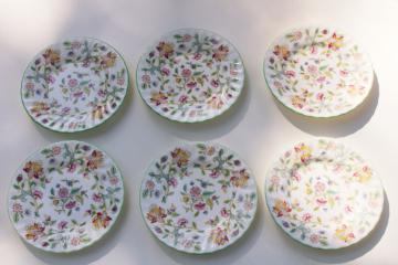 catalog photo of vintage Minton Haddon Hall china, green trim floral bread & butter plates set of 6