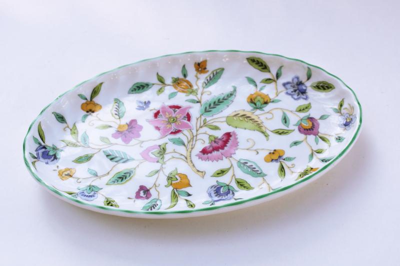 photo of vintage Minton Haddon Hall china green trim floral, small oval tray or serving dish #1