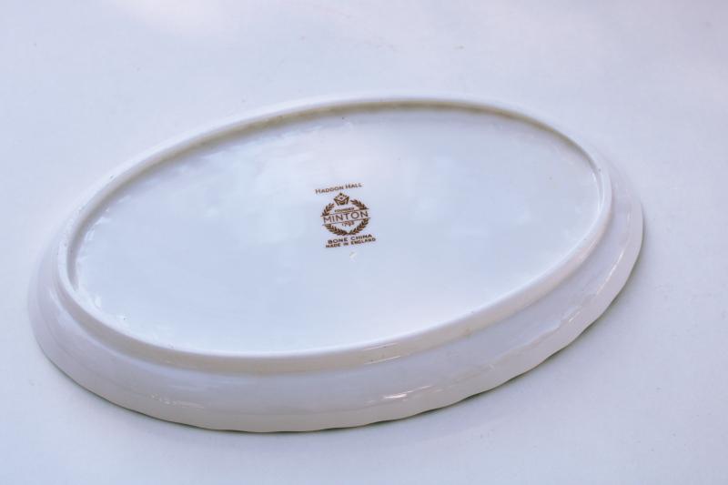 photo of vintage Minton Haddon Hall china green trim floral, small oval tray or serving dish #2