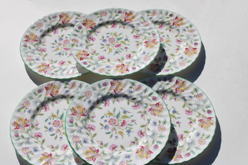 photo of vintage Minton Haddon Hall china salad plates set of six, green trim chintz floral #1