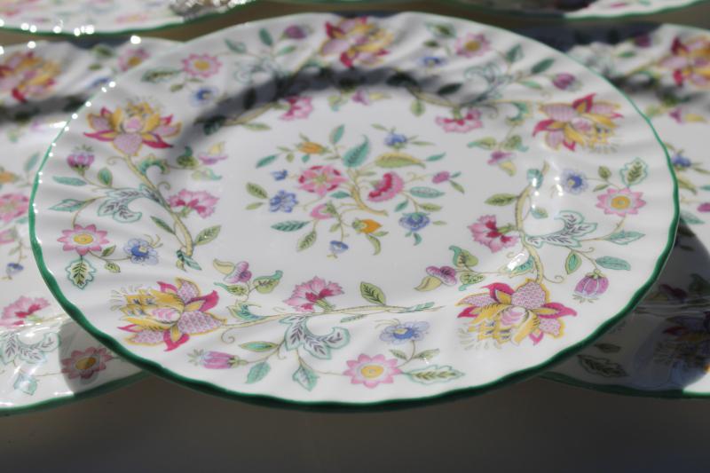 photo of vintage Minton Haddon Hall china salad plates set of six, green trim chintz floral #2