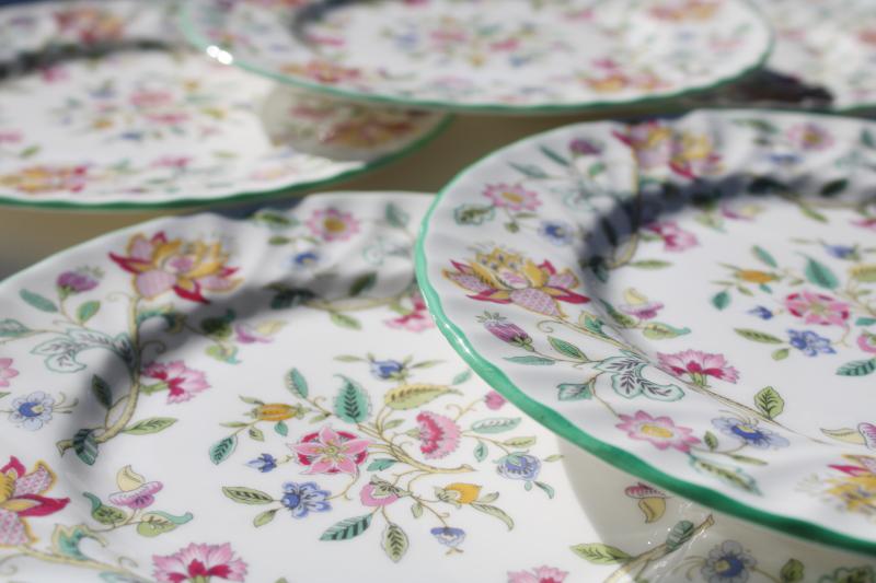 photo of vintage Minton Haddon Hall china salad plates set of six, green trim chintz floral #3