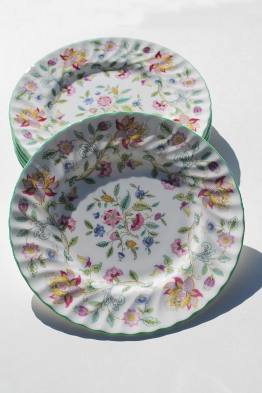 photo of vintage Minton Haddon Hall china salad plates set of six, green trim chintz floral #6