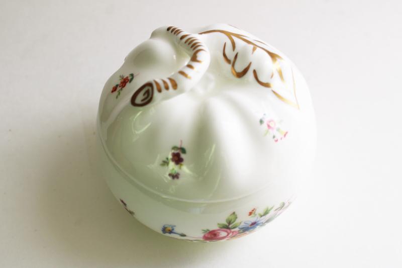 photo of vintage Minton china apple shape jam pot, newer Marlow floral pattern #6