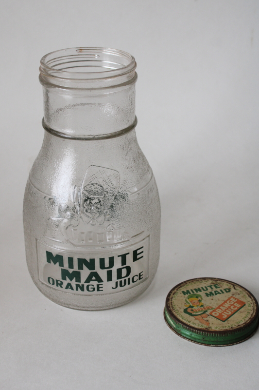photo of vintage Minute Maid orange juice bottle, old metal advertising lid embossed glass bottle  #1
