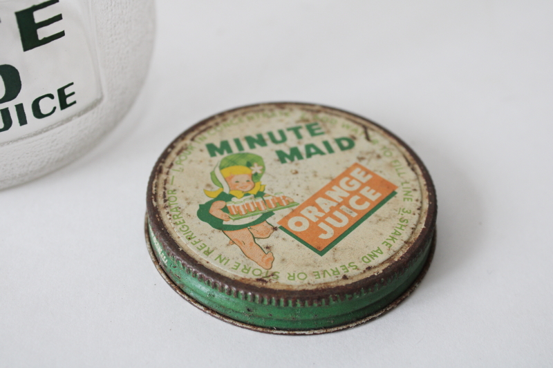 photo of vintage Minute Maid orange juice bottle, old metal advertising lid embossed glass bottle  #2