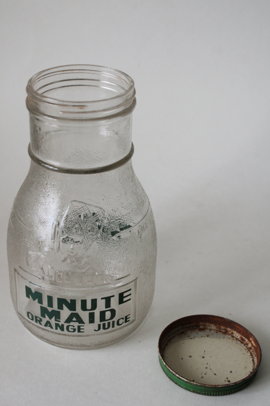 photo of vintage Minute Maid orange juice bottle, old metal advertising lid embossed glass bottle  #3