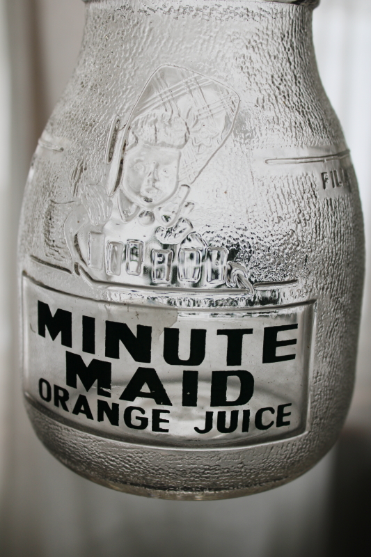 photo of vintage Minute Maid orange juice bottle, old metal advertising lid embossed glass bottle  #4