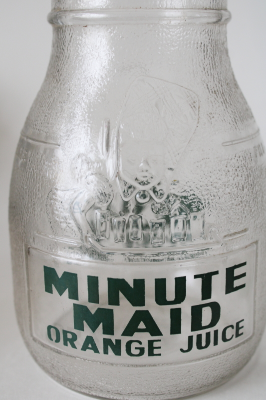 photo of vintage Minute Maid orange juice bottle, old metal advertising lid embossed glass bottle  #8