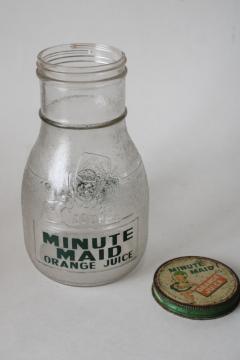 vintage Minute Maid orange juice bottle, old metal advertising lid embossed glass bottle 