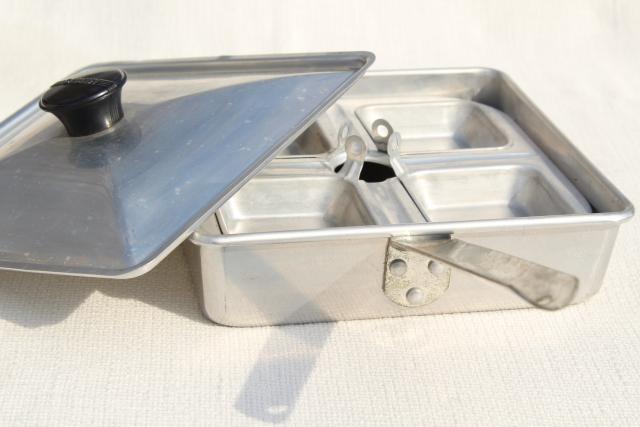 photo of vintage Mirro aluminum egg poacher, square pan stovetop egg cooker #3