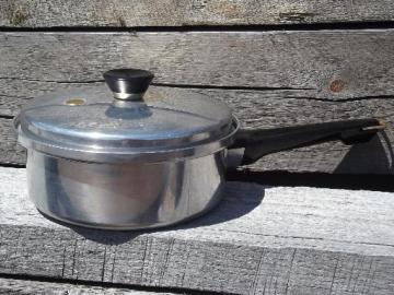 catalog photo of vintage Mirro aluminum pan w/ steam vent lid for vegetables or saucepan