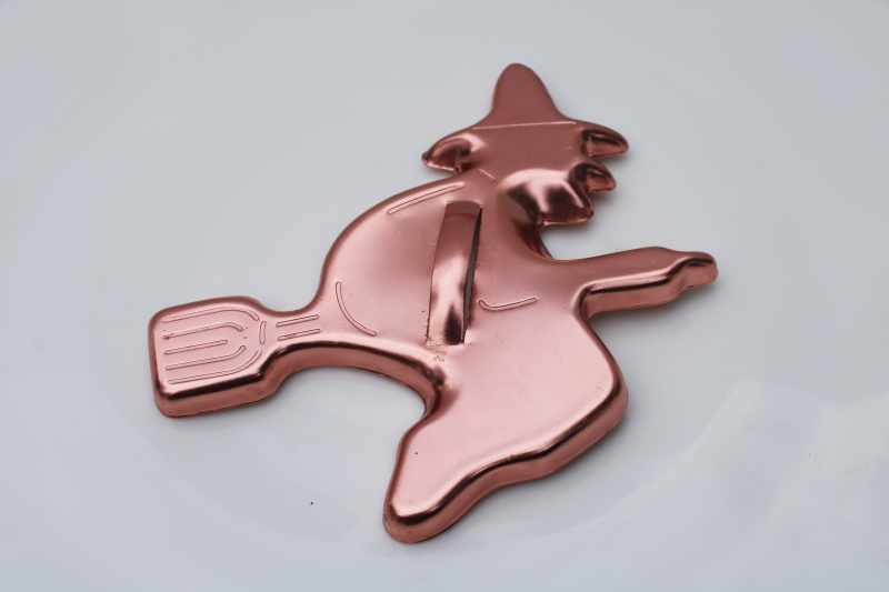 photo of vintage Mirro cookie cutter Halloween witch flying on broom copper color metal #1