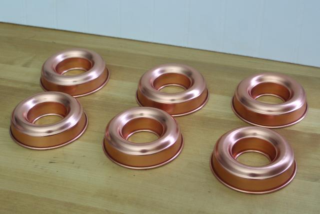 photo of vintage Mirro copper colored aluminum ring molds, individual jello molds set #1