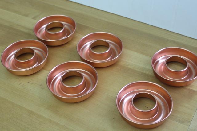 photo of vintage Mirro copper colored aluminum ring molds, individual jello molds set #2