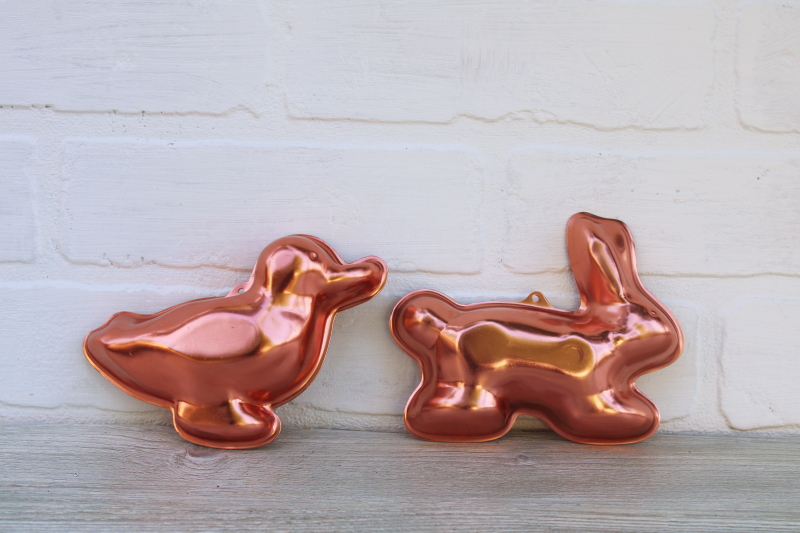 photo of vintage Mirro jello molds, copper aluminum bunny rabbit & duck for spring baking or decor #1
