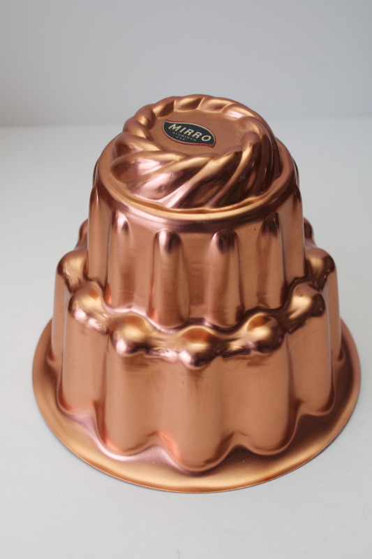 photo of vintage Mirro label copper aluminum jello mold, tall tiered ladyfinger shape dessert mold turks head turban pan  #1