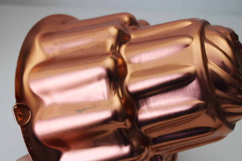 photo of vintage Mirro label copper aluminum jello mold, tall tiered ladyfinger shape dessert mold turks head turban pan #2