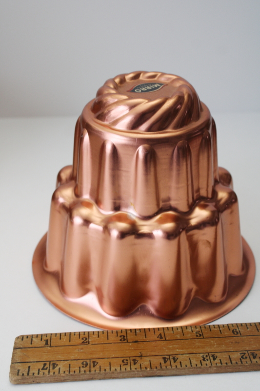 photo of vintage Mirro label copper aluminum jello mold, tall tiered ladyfinger shape dessert mold turks head turban pan #4