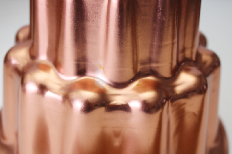 photo of vintage Mirro label copper aluminum jello mold, tall tiered ladyfinger shape dessert mold turks head turban pan #5