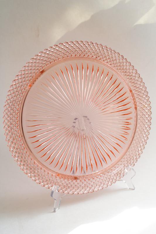photo of vintage Miss America pink depression glass cake plate, 1930s Anchor Hocking glassware #4