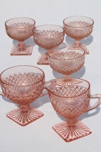 photo of vintage Miss America pink depression glass dessert dishes set, sherbets & cream and sugar #1