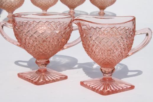 photo of vintage Miss America pink depression glass dessert dishes set, sherbets & cream and sugar #5