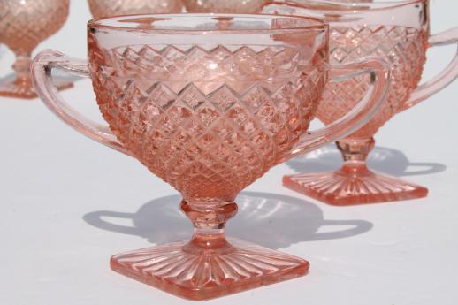 photo of vintage Miss America pink depression glass dessert dishes set, sherbets & cream and sugar #7