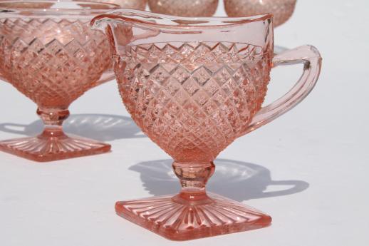 photo of vintage Miss America pink depression glass dessert dishes set, sherbets & cream and sugar #8