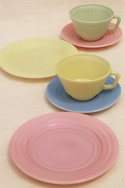 photo of vintage Moderntone pastels trios, tea cups & saucers, plates in pink, green, blue, yellow platonite #1