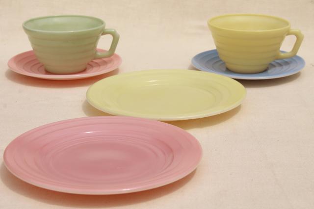 photo of vintage Moderntone pastels trios, tea cups & saucers, plates in pink, green, blue, yellow platonite #2