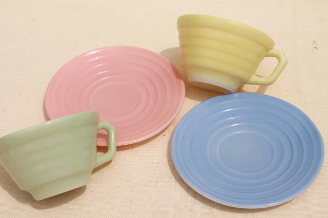 photo of vintage Moderntone pastels trios, tea cups & saucers, plates in pink, green, blue, yellow platonite #4