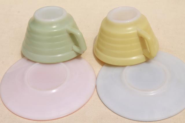 photo of vintage Moderntone pastels trios, tea cups & saucers, plates in pink, green, blue, yellow platonite #5