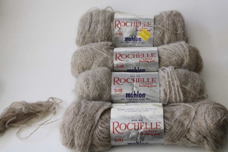 photo of vintage Mohlon Rochelle fluffy mohair texture yarn, 100% orlon synthetic, soft brown color  #1
