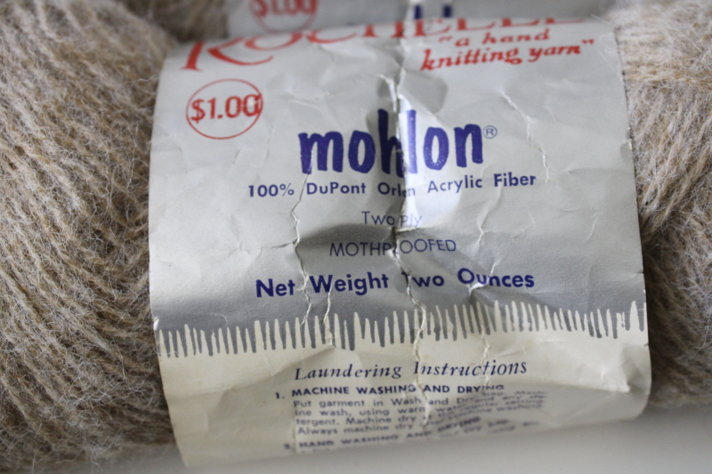 photo of vintage Mohlon Rochelle fluffy mohair texture yarn, 100% orlon synthetic, soft brown color  #3