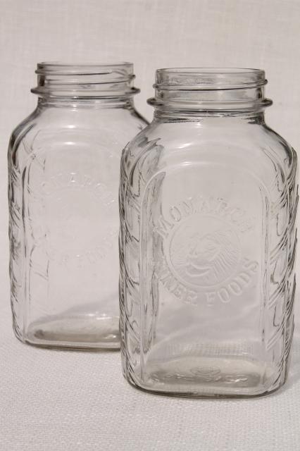 photo of vintage Monarch quart glass jars, hoosier style flat front pantry kitchen canisters #1