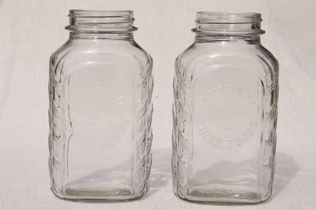 photo of vintage Monarch quart glass jars, hoosier style flat front pantry kitchen canisters #3