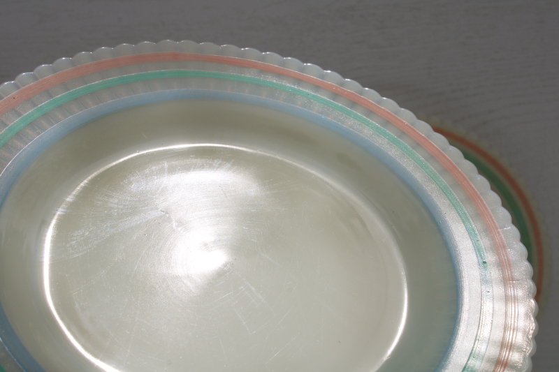 photo of vintage Monax pastel band petalware dinner plates set, MacBeth Evans opalescent white depression glass #4