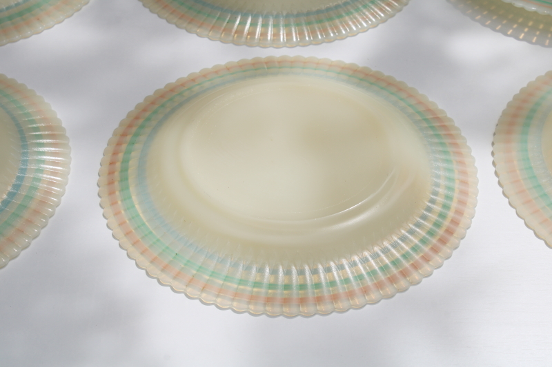 photo of vintage Monax pastel band petalware dinner plates set, MacBeth Evans opalescent white depression glass #8