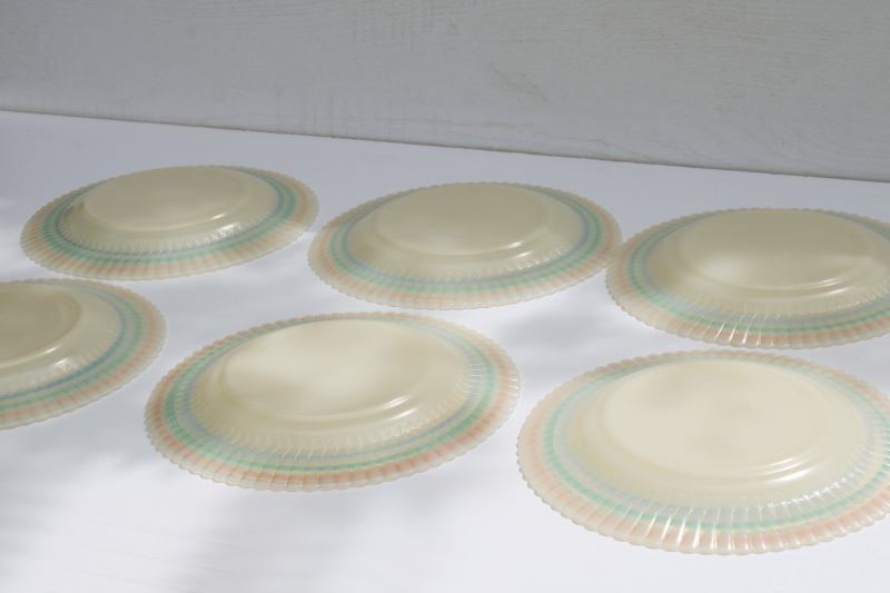 photo of vintage Monax pastel band petalware dinner plates set, MacBeth Evans opalescent white depression glass #10